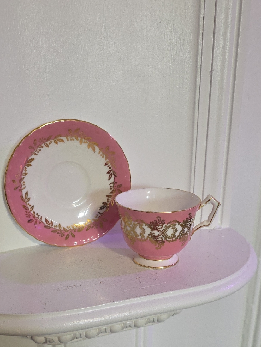 vintage Aynsley pink and gold fine bone china teacup and saucer set. 